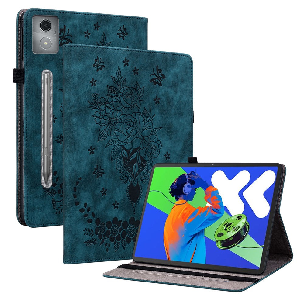 For Lenovo Tab P12 Pro 12.7 2025 / Xiaoxin Pad Pro 12.7 (2025) Case Card Holder Anti-Scratch Leather Cover Rose Flower Imprint - Blue