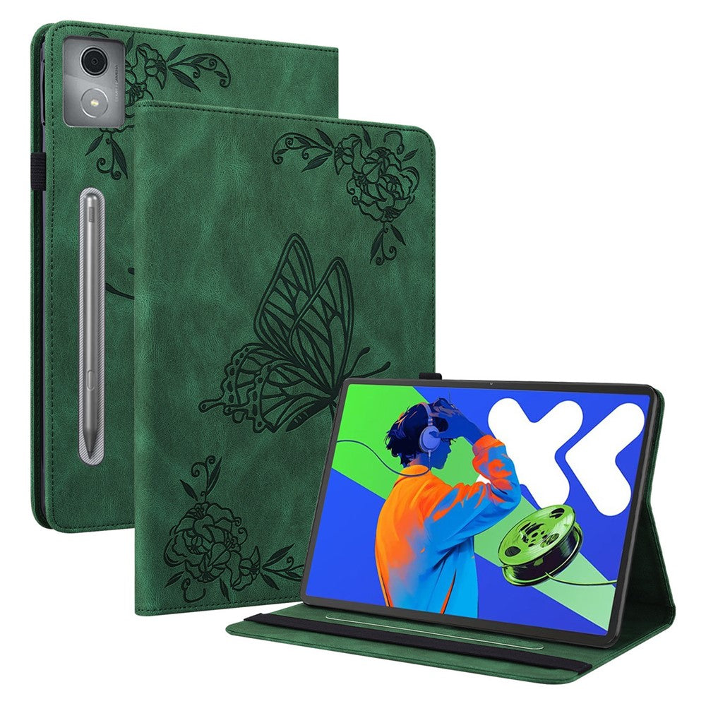 For Lenovo Tab P12 Pro 12.7 2025 / Xiaoxin Pad Pro 12.7 (2025) Case Butterfly Flower Imprint PU Leather Tablet Cover with Card Slots - Green