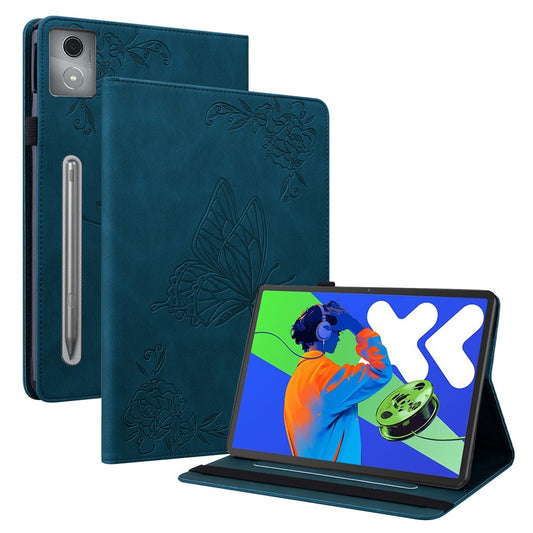 For Lenovo Tab P12 Pro 12.7 2025 / Xiaoxin Pad Pro 12.7 (2025) Case Butterfly Flower Imprint PU Leather Tablet Cover with Card Slots - Blue