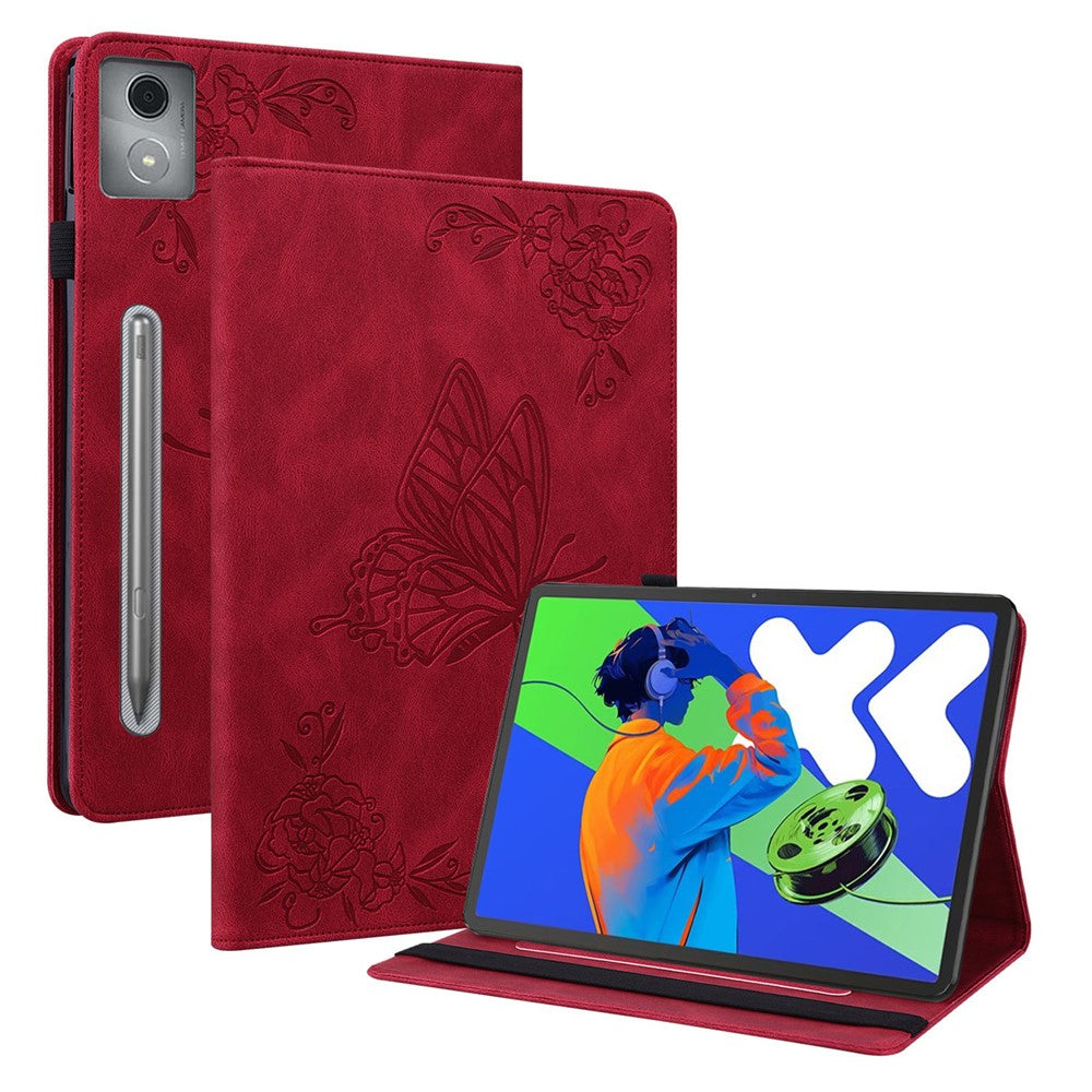 For Lenovo Tab P12 Pro 12.7 2025 / Xiaoxin Pad Pro 12.7 (2025) Case Butterfly Flower Imprint PU Leather Tablet Cover with Card Slots - Red