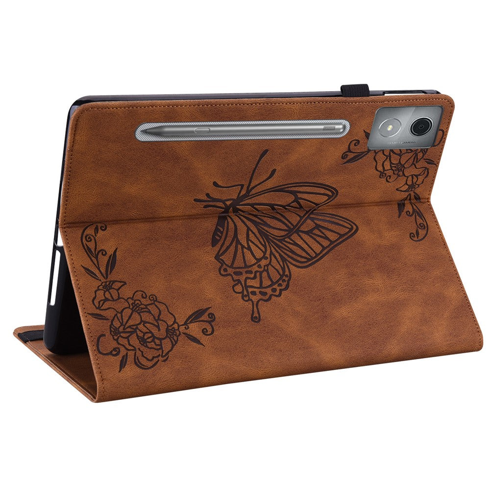 For Lenovo Tab P12 Pro 12.7 2025 / Xiaoxin Pad Pro 12.7 (2025) Case Butterfly Flower Imprint PU Leather Tablet Cover with Card Slots - Brown