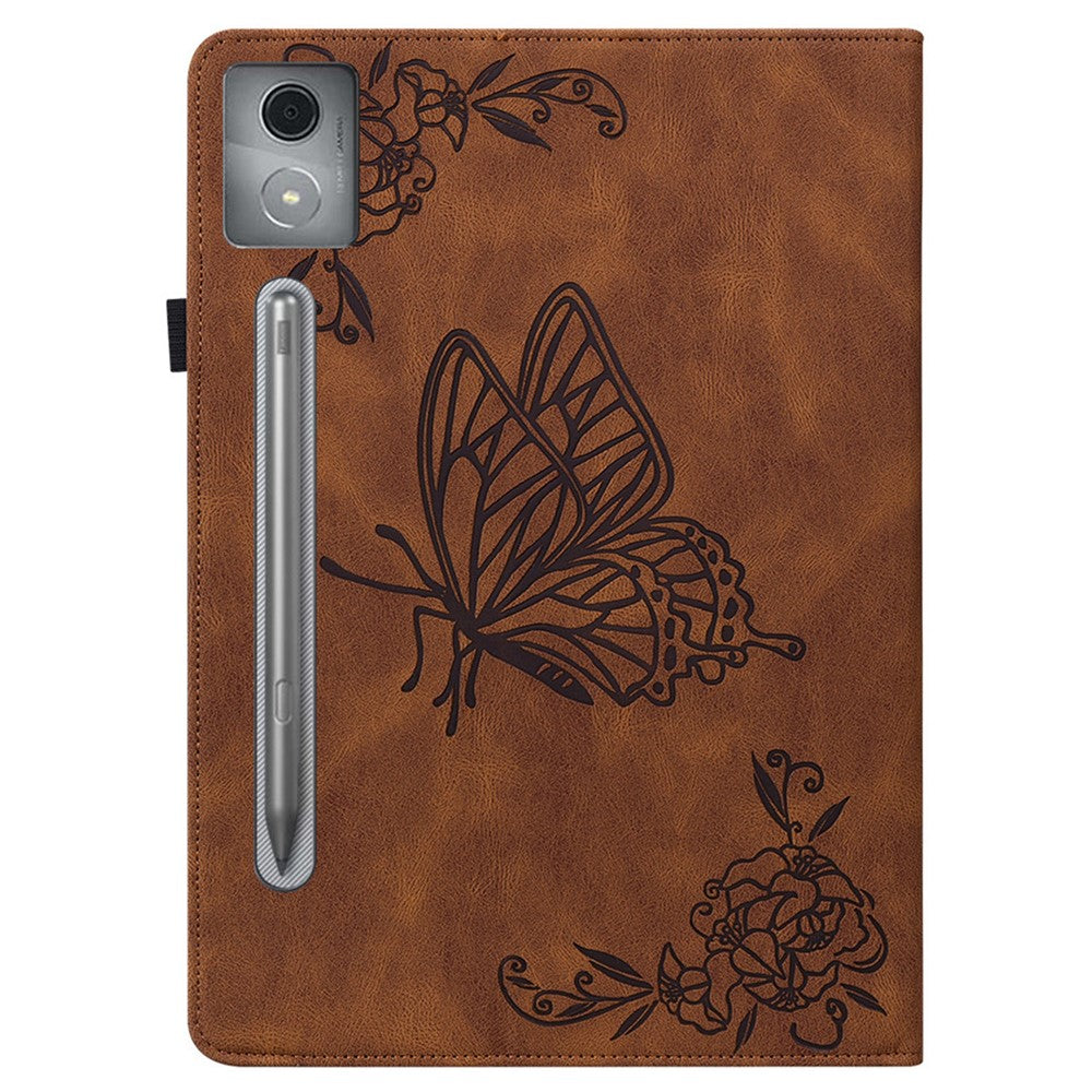 For Lenovo Tab P12 Pro 12.7 2025 / Xiaoxin Pad Pro 12.7 (2025) Case Butterfly Flower Imprint PU Leather Tablet Cover with Card Slots - Brown