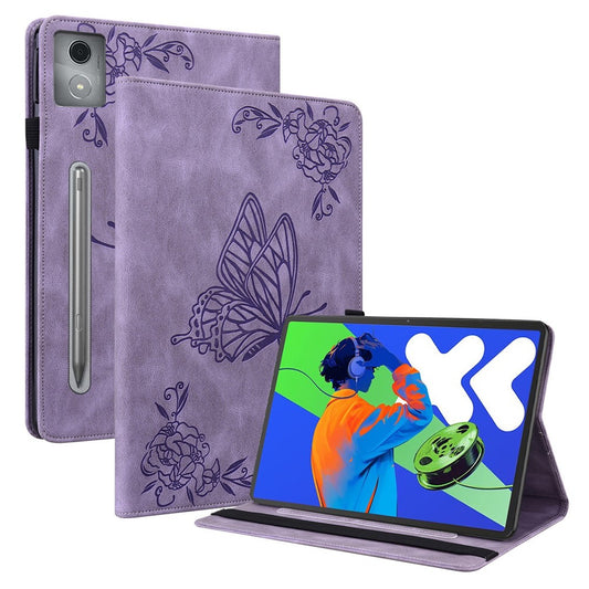 For Lenovo Tab P12 Pro 12.7 2025 / Xiaoxin Pad Pro 12.7 (2025) Case Butterfly Flower Imprint PU Leather Tablet Cover with Card Slots - Purple