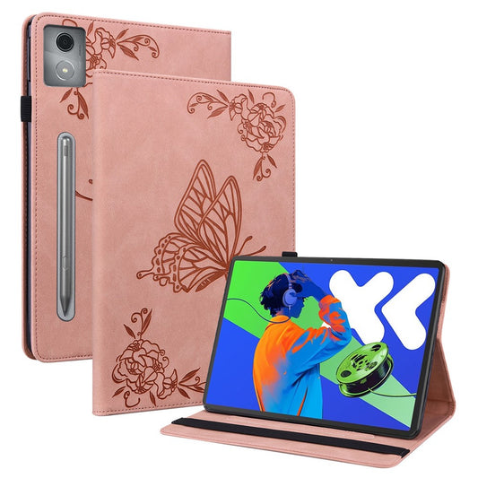 For Lenovo Tab P12 Pro 12.7 2025 / Xiaoxin Pad Pro 12.7 (2025) Case Butterfly Flower Imprint PU Leather Tablet Cover with Card Slots - Pink