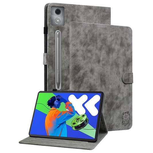 For Lenovo Tab P12 Pro 12.7 2025 / Xiaoxin Pad Pro 12.7 (2025) Cases Tiger Imprint Anti-Scratch PU Leather Tablet Cover - Grey