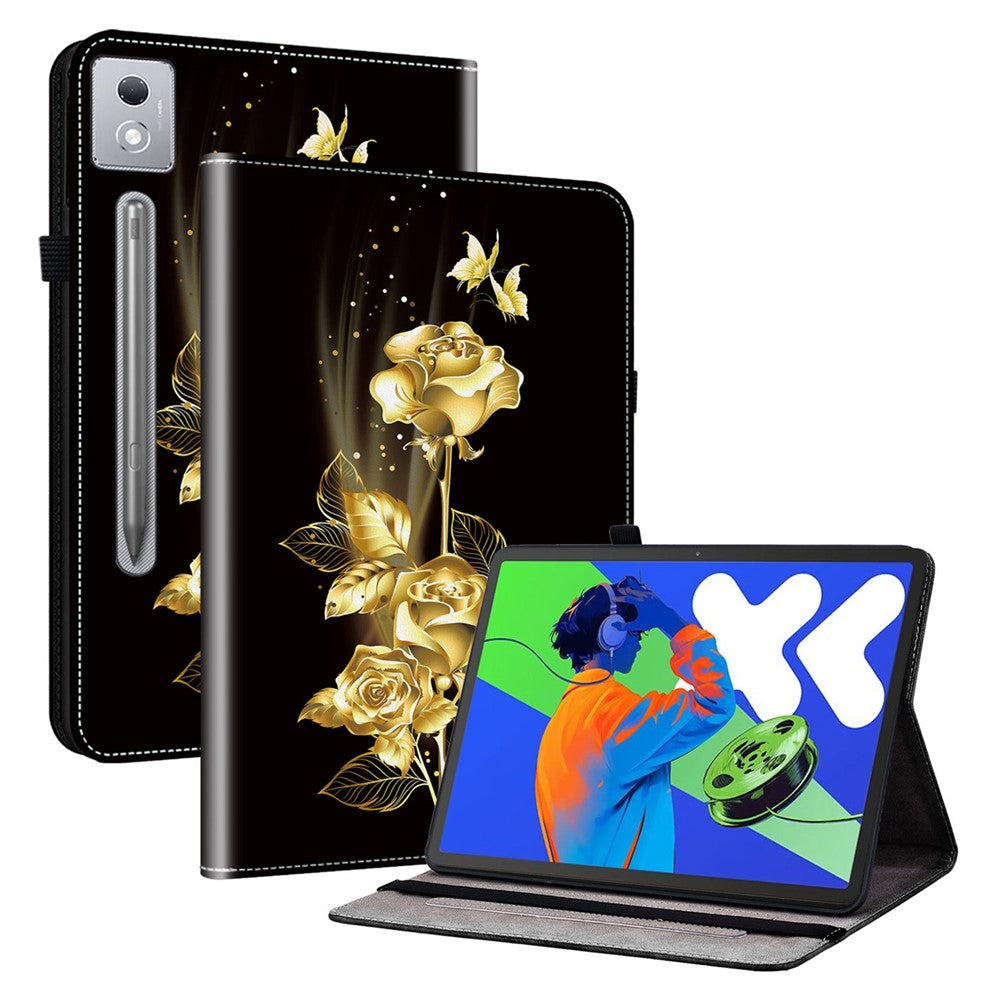 For Lenovo Tab P12 Pro 12.7 2025 / Xiaoxin Pad Pro 12.7 (2025) Leather Case Pattern Printed Stand Tablet Cover with Card Slots - Gold Butterfly Rose