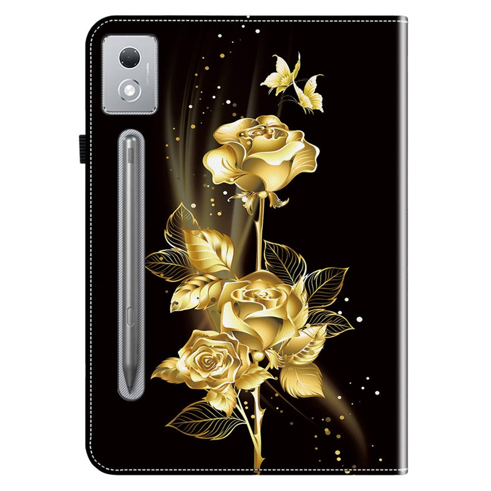 For Lenovo Tab P12 Pro 12.7 2025 / Xiaoxin Pad Pro 12.7 (2025) Leather Case Pattern Printed Stand Tablet Cover with Card Slots - Gold Butterfly Rose