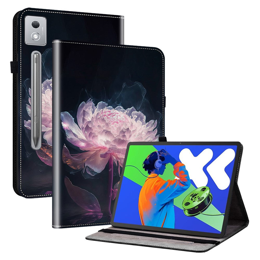 For Lenovo Tab P12 Pro 12.7 2025 / Xiaoxin Pad Pro 12.7 (2025) Leather Case Pattern Printed Stand Tablet Cover with Card Slots - Purple Peony