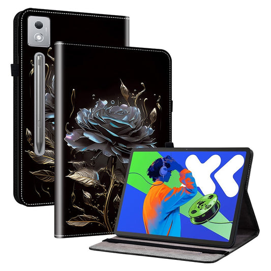 For Lenovo Tab P12 Pro 12.7 2025 / Xiaoxin Pad Pro 12.7 (2025) Leather Case Pattern Printed Stand Tablet Cover with Card Slots - Black Rose