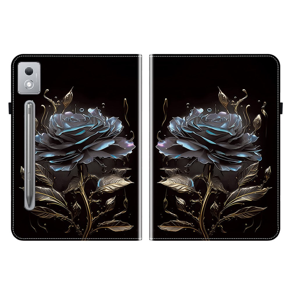For Lenovo Tab P12 Pro 12.7 2025 / Xiaoxin Pad Pro 12.7 (2025) Leather Case Pattern Printed Stand Tablet Cover with Card Slots - Black Rose