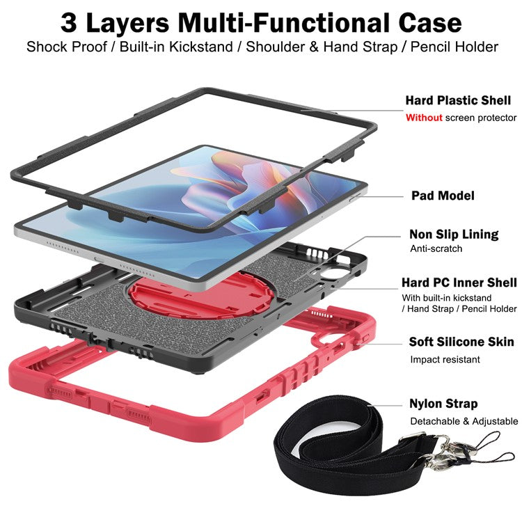 For Huawei MatePad SE 11 2024 Tablet Case Silicone+PC Shockproof Cover with Kickstand Shoulder Strap - Red + Black