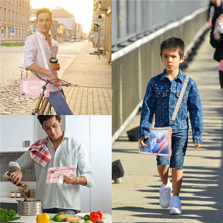 For Huawei MatePad SE 11 2024 Tablet Case Silicone+PC Shockproof Cover with Kickstand Shoulder Strap - Rose Gold