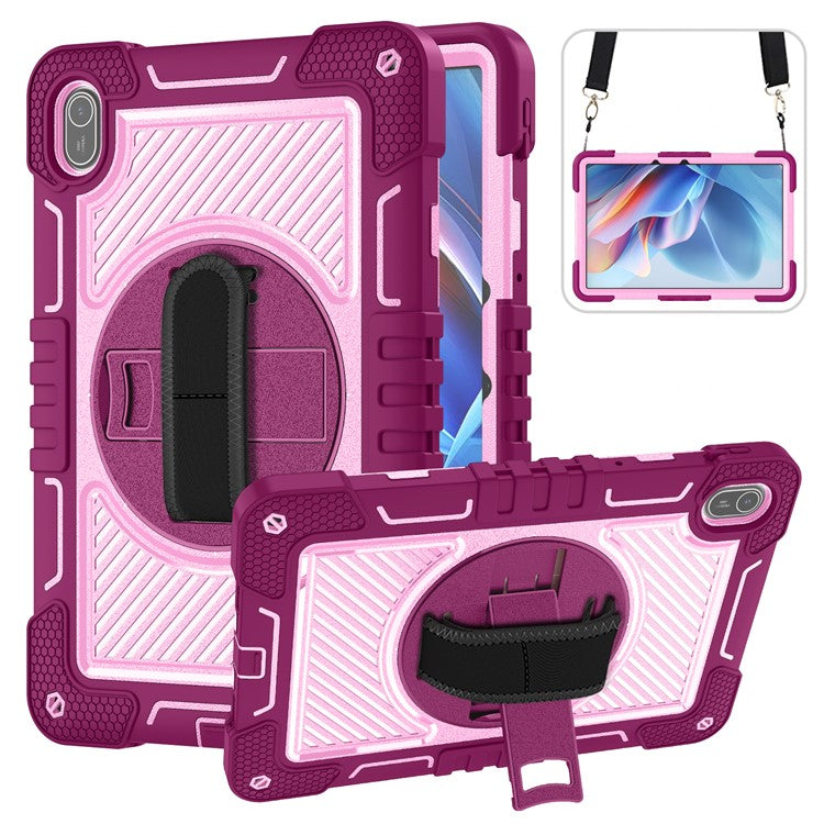 For Huawei MatePad SE 11 2024 Tablet Case Silicone+PC Shockproof Cover with Kickstand Shoulder Strap - Rose Red + Pink