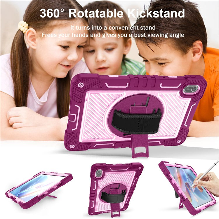 For Huawei MatePad SE 11 2024 Tablet Case Silicone+PC Shockproof Cover with Kickstand Shoulder Strap - Rose Red + Pink