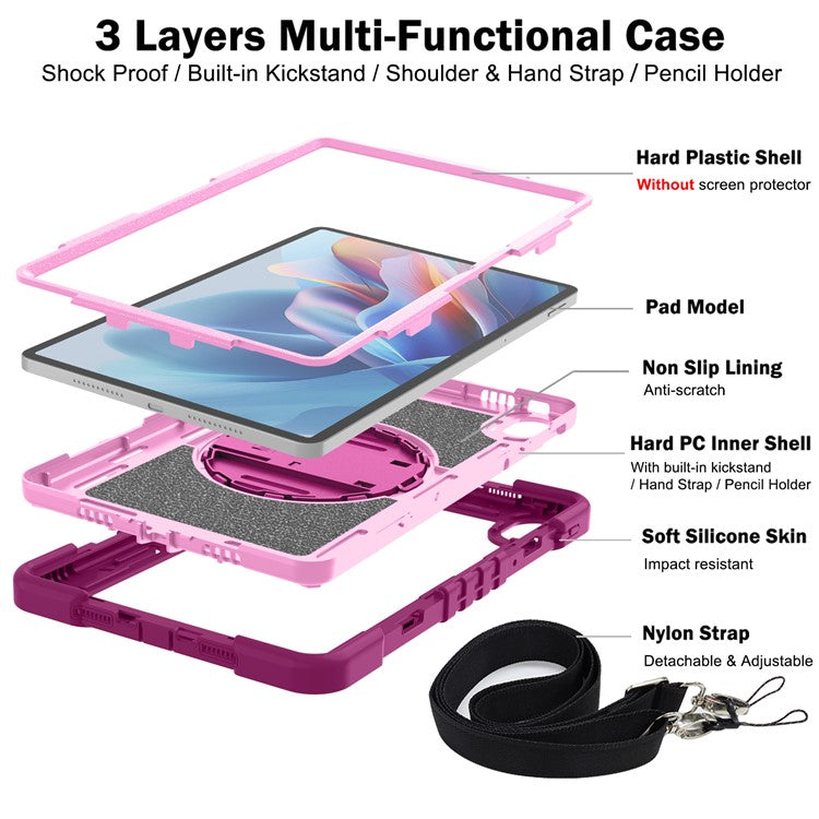 For Huawei MatePad SE 11 2024 Tablet Case Silicone+PC Shockproof Cover with Kickstand Shoulder Strap - Rose Red + Pink