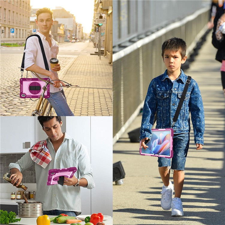 For Huawei MatePad SE 11 2024 Tablet Case Silicone+PC Shockproof Cover with Kickstand Shoulder Strap - Rose Red + Pink