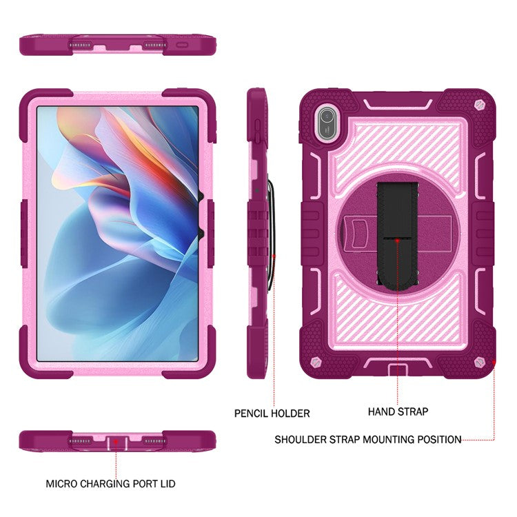 For Huawei MatePad SE 11 2024 Tablet Case Silicone+PC Shockproof Cover with Kickstand Shoulder Strap - Rose Red + Pink