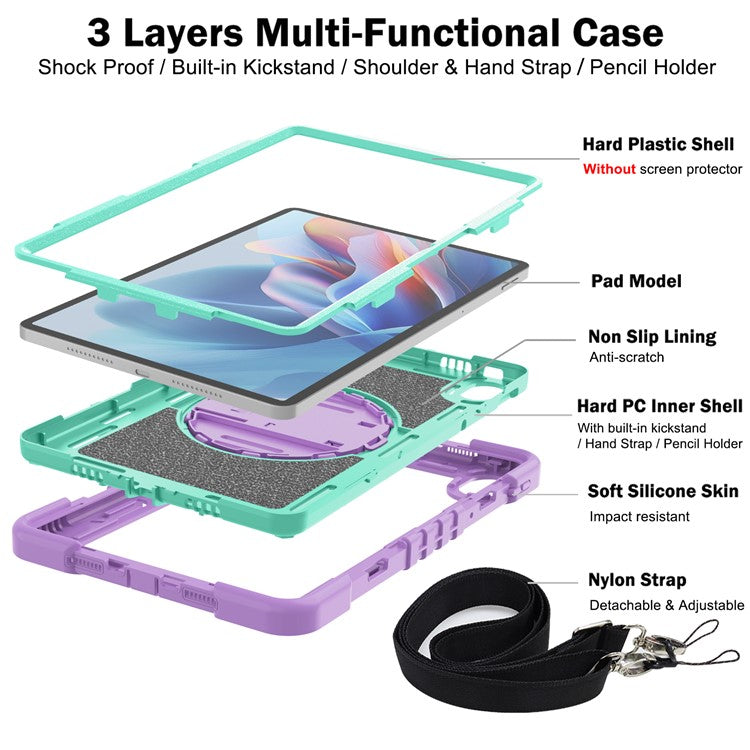 For Huawei MatePad SE 11 2024 Tablet Case Silicone+PC Shockproof Cover with Kickstand Shoulder Strap - Purple + Mint Green