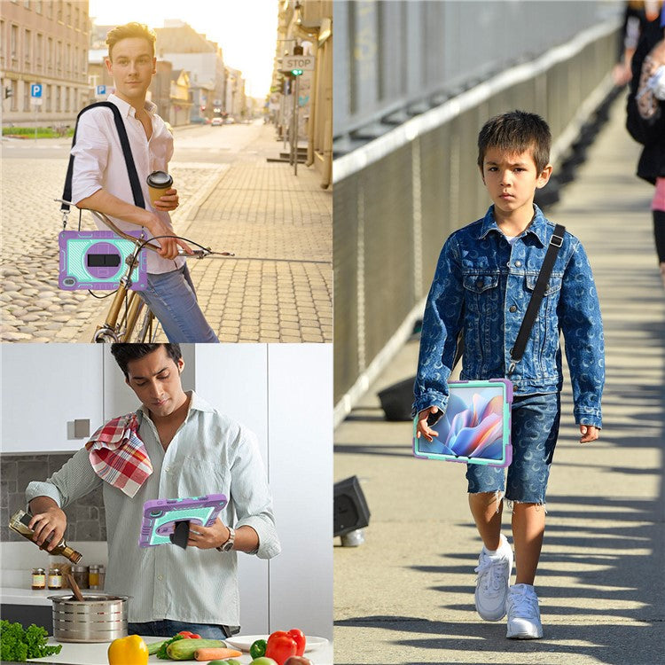 For Huawei MatePad SE 11 2024 Tablet Case Silicone+PC Shockproof Cover with Kickstand Shoulder Strap - Purple + Mint Green