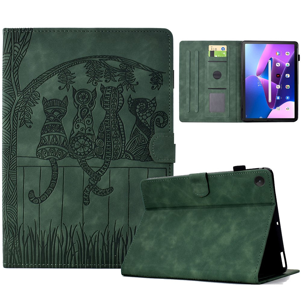 For Lenovo Tab M10 Plus (3rd Gen) Case Cats Imprinted PU Leather Card Slots Tablet Cover - Green