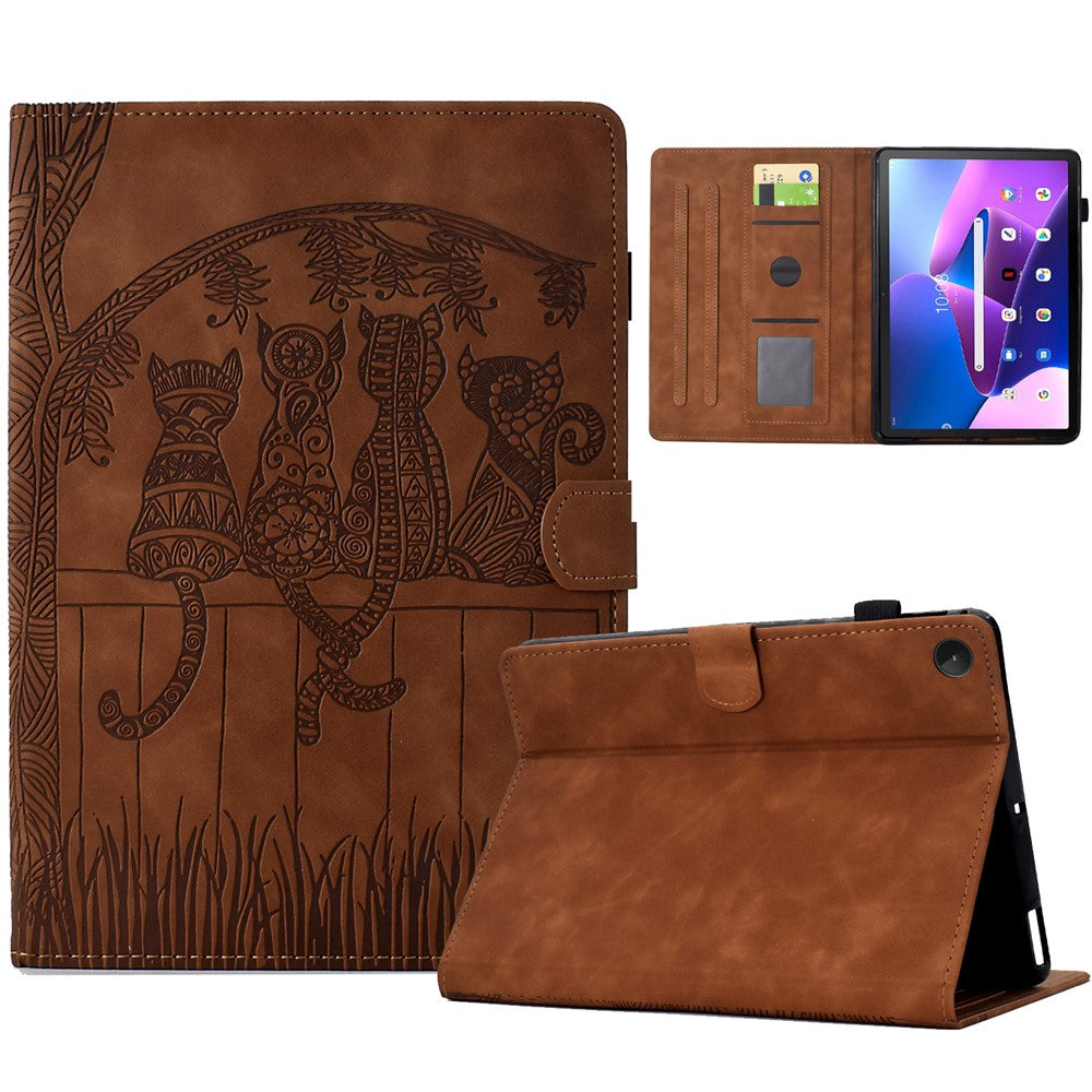 For Lenovo Tab M10 Plus (3rd Gen) Case Cats Imprinted PU Leather Card Slots Tablet Cover - Brown