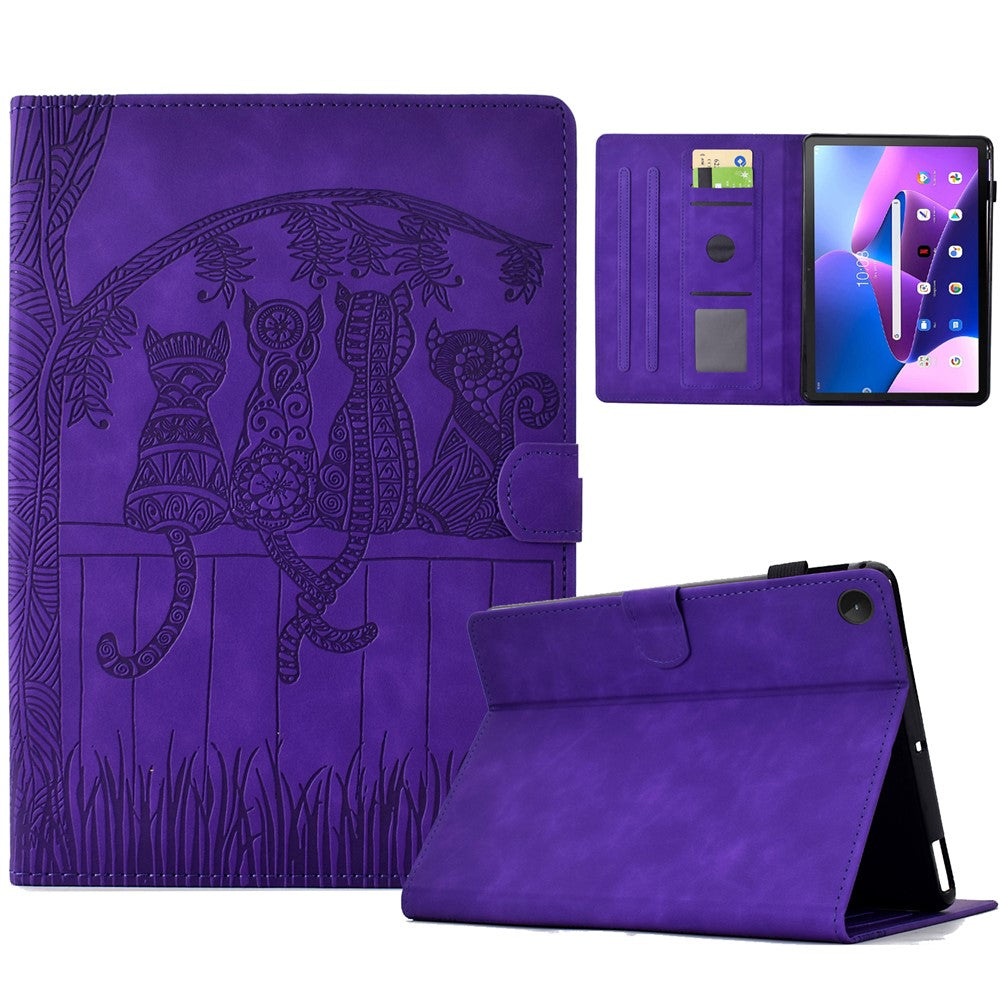 For Lenovo Tab M10 Plus (3rd Gen) Case Cats Imprinted PU Leather Card Slots Tablet Cover - Purple