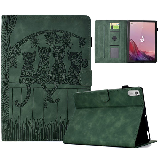 For Lenovo Tab M9 TB-310FU Case Cats Imprinted PU Leather Card Slots Tablet Cover - Green