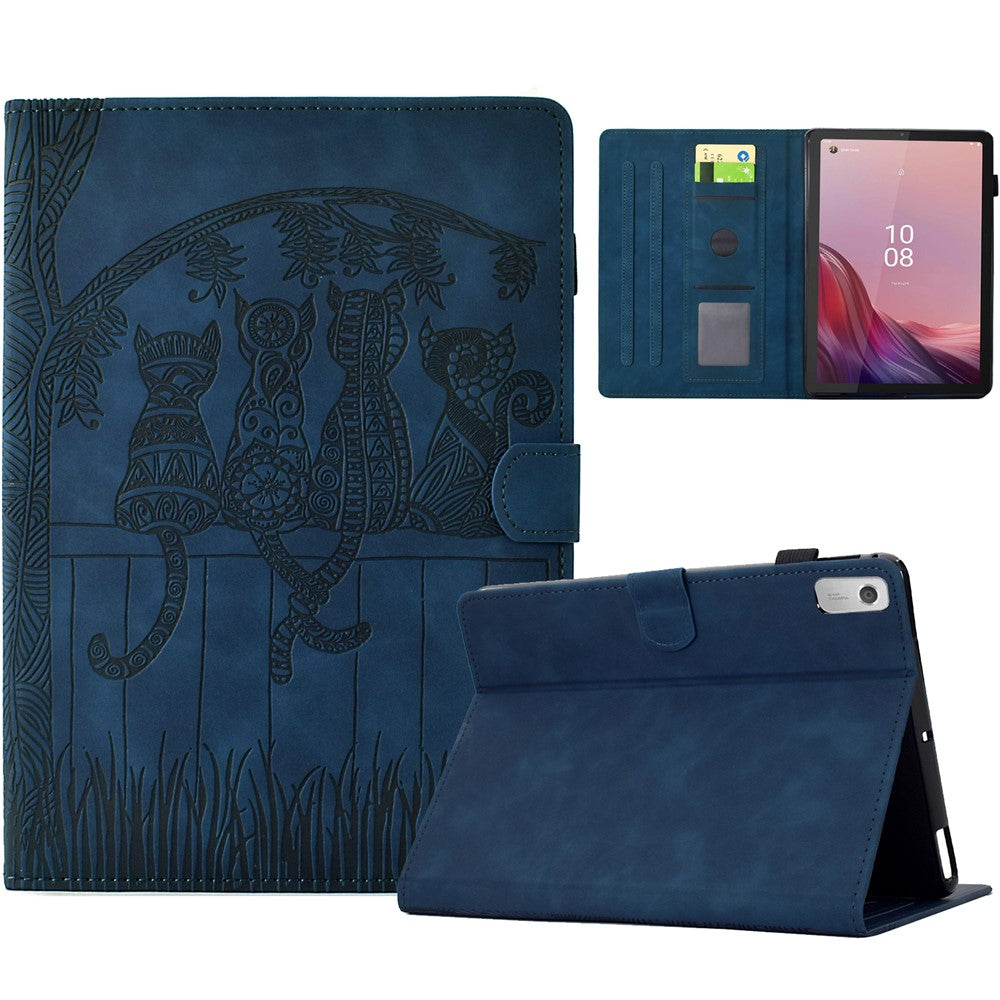 For Lenovo Tab M9 TB-310FU Case Cats Imprinted PU Leather Card Slots Tablet Cover - Dark Blue
