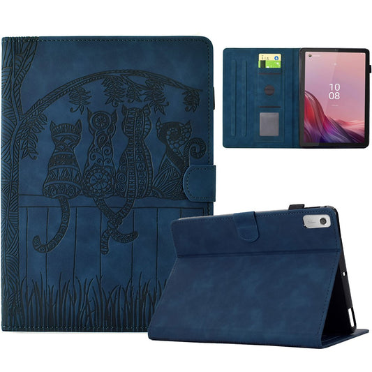 For Lenovo Tab M9 TB-310FU Case Cats Imprinted PU Leather Card Slots Tablet Cover - Dark Blue
