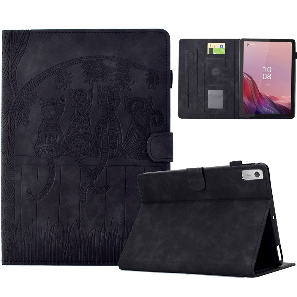 For Lenovo Tab M9 TB-310FU Case Cats Imprinted PU Leather Card Slots Tablet Cover - Black