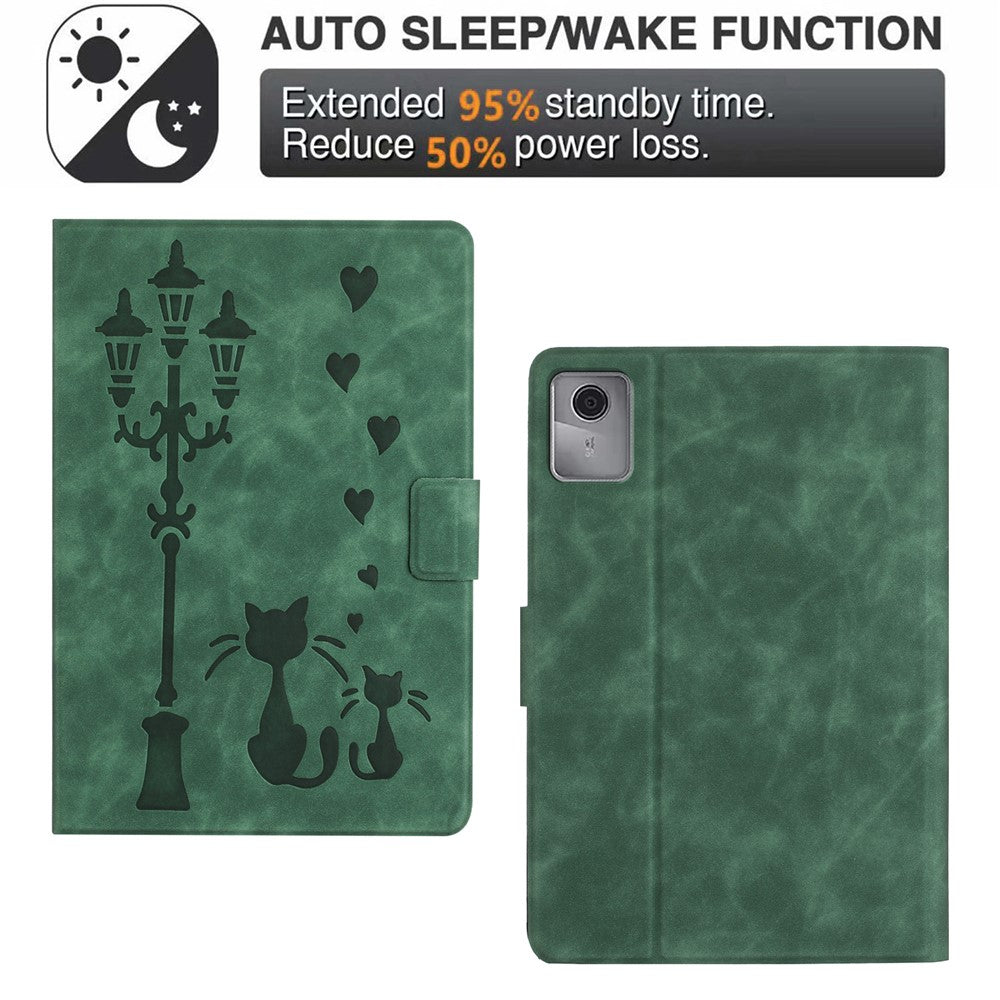 For Lenovo Tab M11 / Xiaoxin Pad 11 2024 TB-330FU Case Couple Cat Imprinted Microfiber Leather Smart Tablet Cover - Green