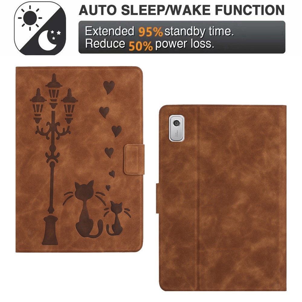For Lenovo Tab M9 TB-310FU Case Couple Cat Imprinted Microfiber Leather Smart Tablet Cover - Brown