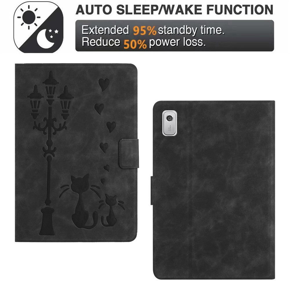 For Lenovo Tab M9 TB-310FU Case Couple Cat Imprinted Microfiber Leather Smart Tablet Cover - Black