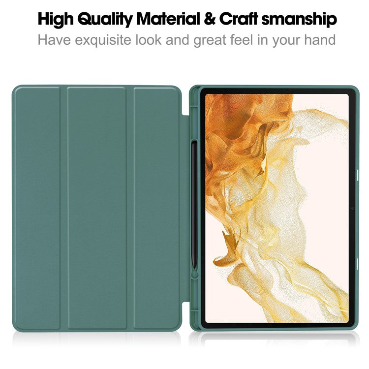 For Samsung Galaxy Tab S10+ Stand Case Shock-Absorbent Leather Tablet Cover with Pen Slot - Blackish Green