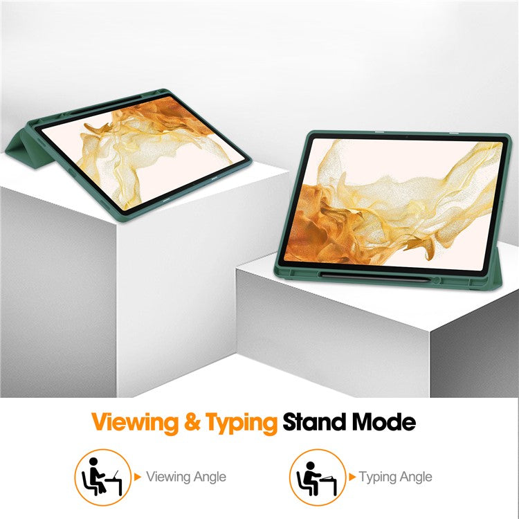 For Samsung Galaxy Tab S10+ Stand Case Shock-Absorbent Leather Tablet Cover with Pen Slot - Blackish Green