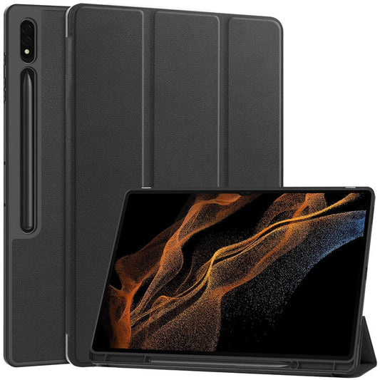For Samsung Galaxy Tab S10 Ultra Stand Case Shock-Absorbent Leather Tablet Cover with Pen Slot - Black