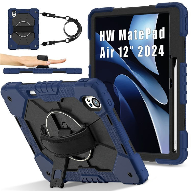 For Huawei MatePad Air (2024) Case Kickstand Silicone+PC Tablet Cover with Shoulder Strap - Navy Blue / Black