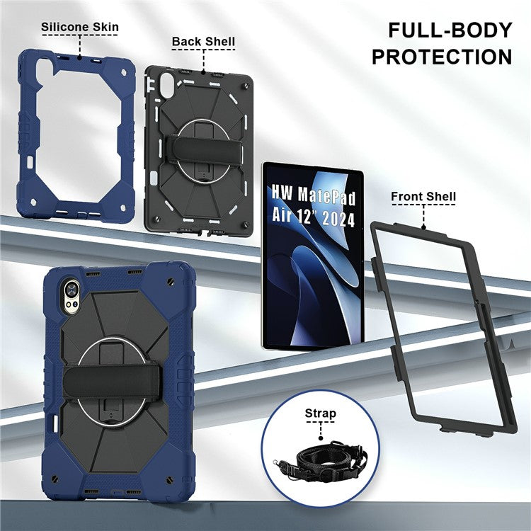 For Huawei MatePad Air (2024) Case Kickstand Silicone+PC Tablet Cover with Shoulder Strap - Navy Blue / Black