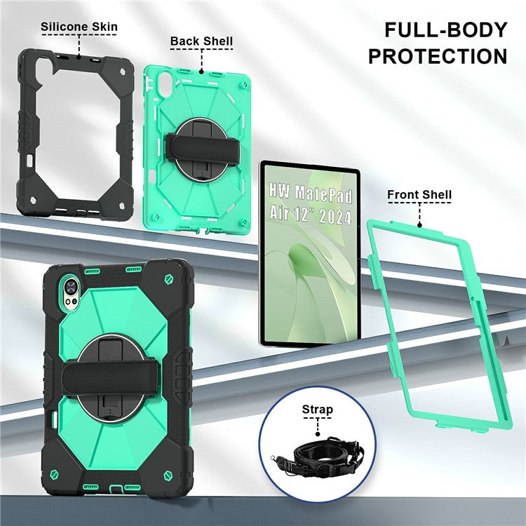 For Huawei MatePad Air (2024) Case Kickstand Silicone+PC Tablet Cover with Shoulder Strap - Black / Mint Green