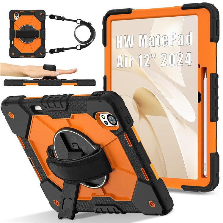 For Huawei MatePad Air (2024) Case Kickstand Silicone+PC Tablet Cover with Shoulder Strap - Black / Orange