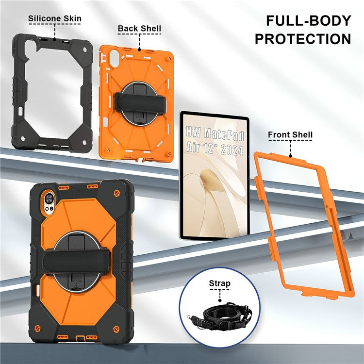 For Huawei MatePad Air (2024) Case Kickstand Silicone+PC Tablet Cover with Shoulder Strap - Black / Orange
