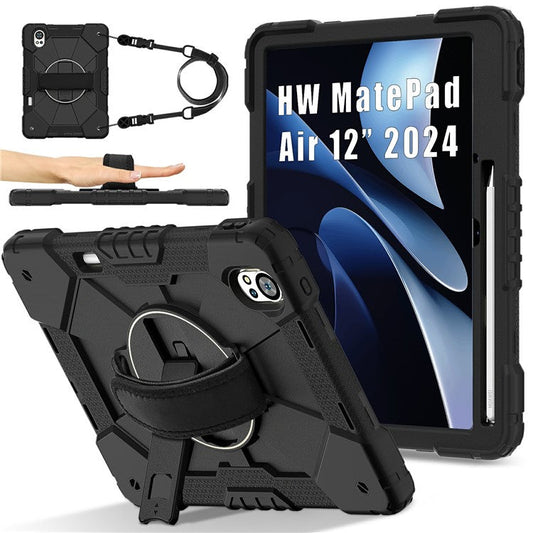 For Huawei MatePad Air (2024) Case Kickstand Silicone+PC Tablet Cover with Shoulder Strap - Black / Black