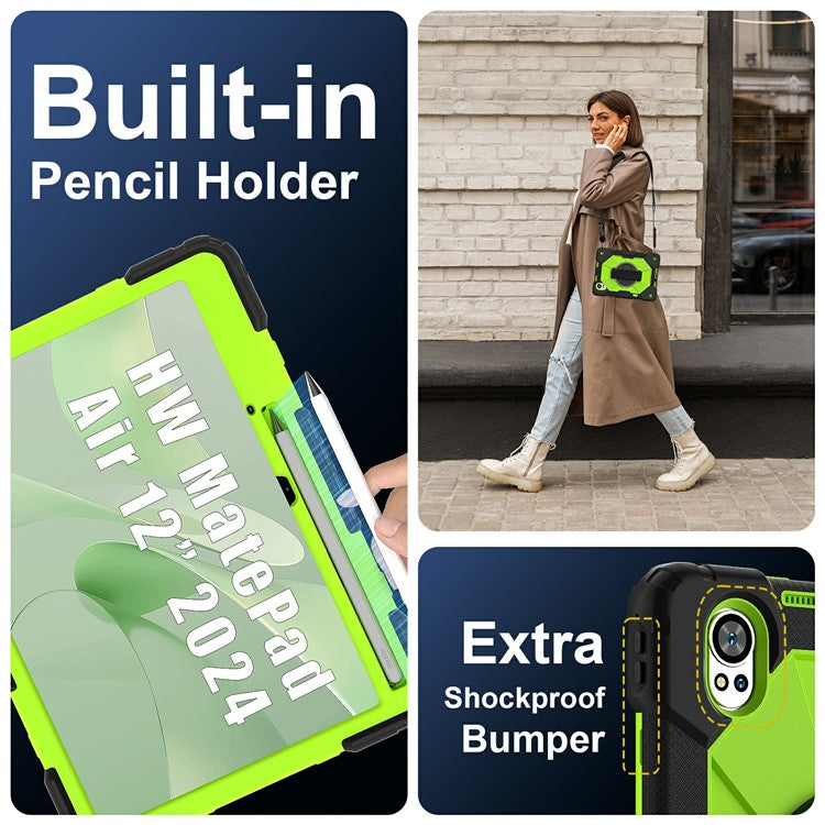 For Huawei MatePad Air (2024) Case Kickstand Silicone+PC Tablet Cover with Shoulder Strap - Black / Yellowgreen