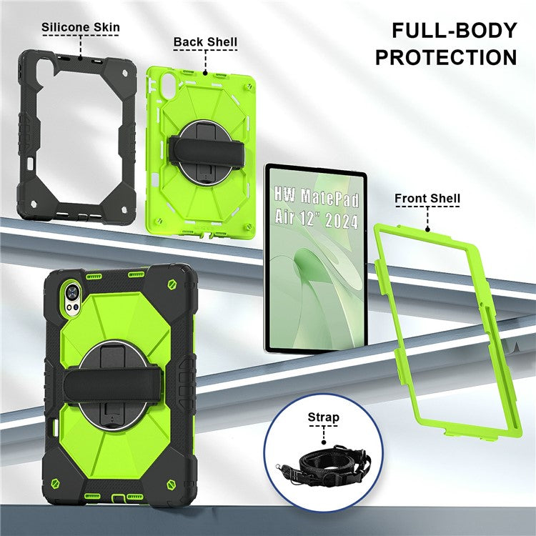 For Huawei MatePad Air (2024) Case Kickstand Silicone+PC Tablet Cover with Shoulder Strap - Black / Yellowgreen