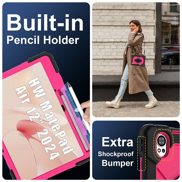 For Huawei MatePad Air (2024) Case Kickstand Silicone+PC Tablet Cover with Shoulder Strap - Black / Rose