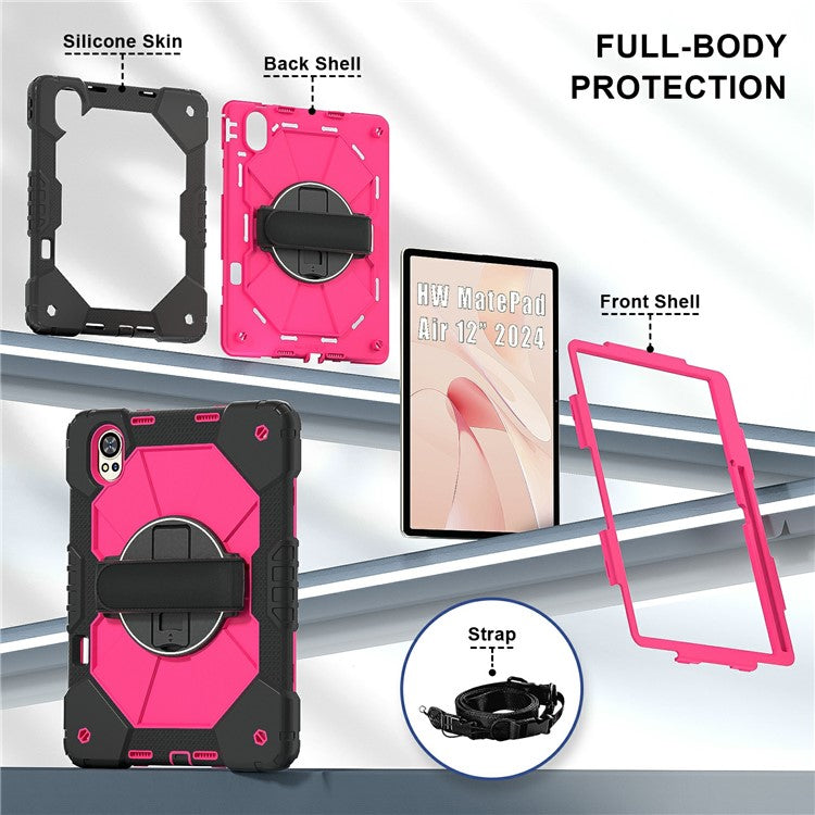 For Huawei MatePad Air (2024) Case Kickstand Silicone+PC Tablet Cover with Shoulder Strap - Black / Rose