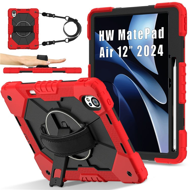 For Huawei MatePad Air (2024) Case Kickstand Silicone+PC Tablet Cover with Shoulder Strap - Red / Black