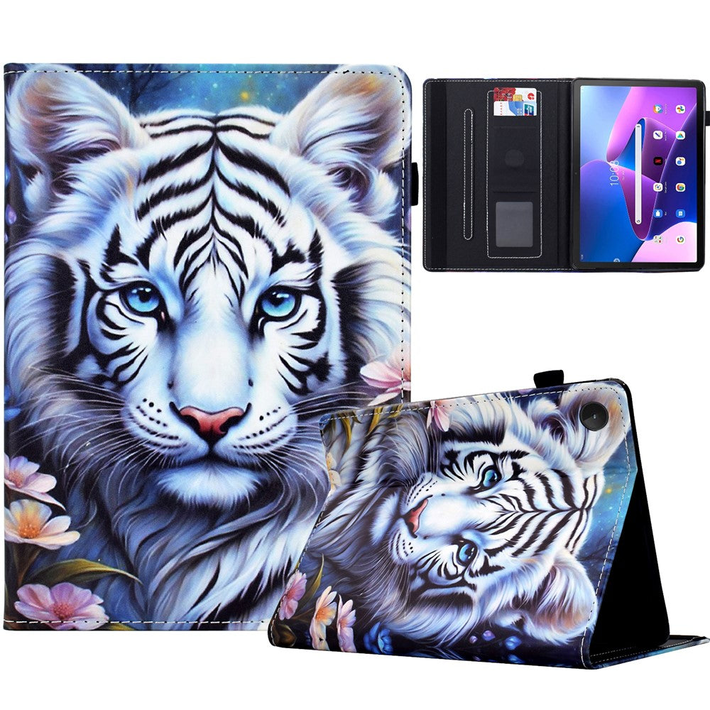 For Lenovo M10 Plus Case Pattern Printing Card Holder Leather Tablet Stand Cover  - Tiger