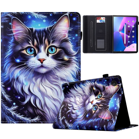 For Lenovo Tab M10 (Gen 3) Case Pattern Printing Card Holder Leather Tablet Stand Cover - Cat
