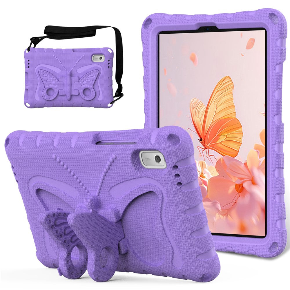 For Lenovo Tab M9 Case Butterfly Kickstand EVA Tablet Cover with Shoulder Strap - Light Purple